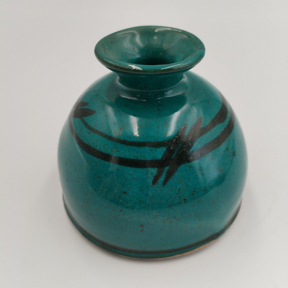 Vintage Signed Studio Art Pottery Teal Bud Vase Abstract Bird Motif MCM Style 3"